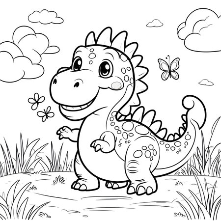 Coloring Page Outline Of Cute Dinosaur Cartoon Character Vector Illustrationの素材