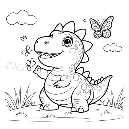 Coloring Page Outline Of Cute Dinosaur Cartoon Character Vector Illustrationの素材
