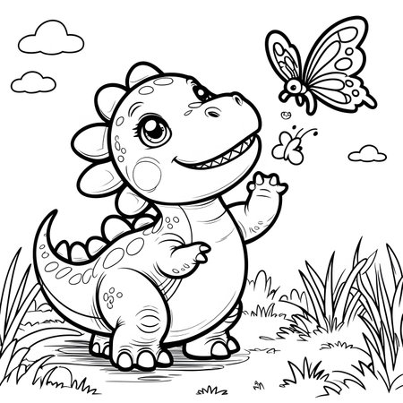 Black and White Cartoon Illustration of Dinosaur Animal Character for Coloring Bookの素材