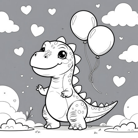 Coloring Page Outline Of Cute Baby Dinosaur With Balloonsの素材