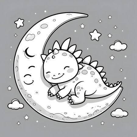 Cute little dinosaur sitting on the moon. Hand drawn vector illustration.の素材