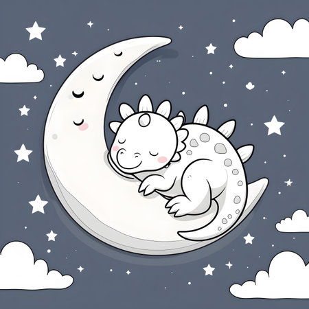 Cute Cartoon Dinosaur sleeping on the Moon. Vector Illustration.の素材