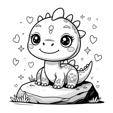 Cute little dinosaur sitting on a rock. Vector cartoon illustration.の素材