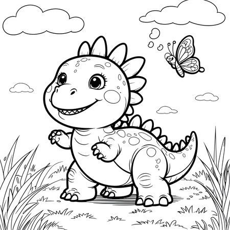 Coloring Page Outline Of a Cute Dinosaur With Butterfliesの素材