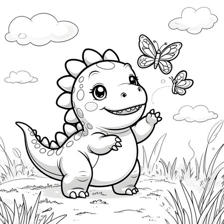 Cute baby dinosaur with butterfly. Vector illustration for coloring book.の素材