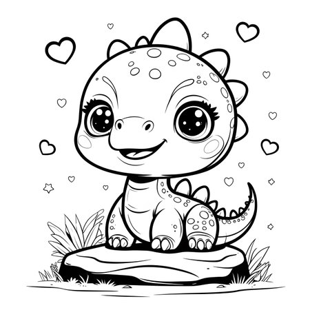 Cute baby dinosaur with hearts. Vector illustration for coloring book.の素材