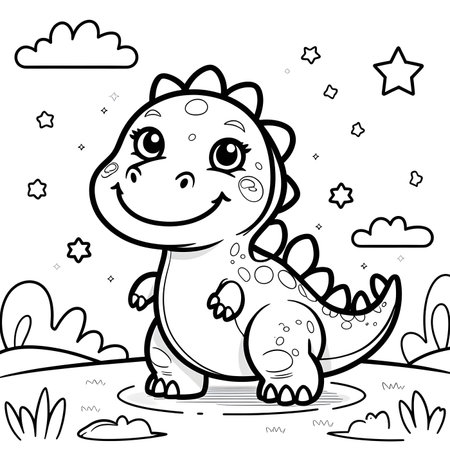 Black and White Cartoon Illustration of Cute Dinosaur Animal Character for Coloring Bookの素材