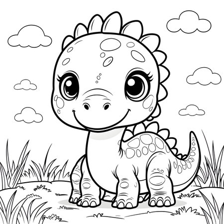 Cute baby dinosaur on the grass. Vector illustration for coloring bookの素材