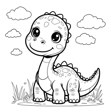 Cute Cartoon Dinosaur Coloring Page Outline Vector Illustration.の素材