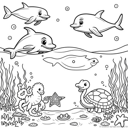 Coloring book for children: underwater world. Black and white vector illustrationの素材