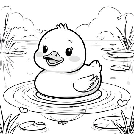 Black and White Cartoon Illustration of Cute Little Duck Swimming in a Pond or Pond Coloring Bookの素材