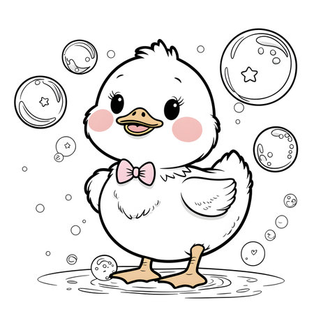 Cute duckling and bubbles on white background, vector illustration.の素材
