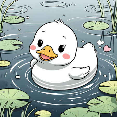 Illustration of a Cute White Duck Swimming in a Pondの素材
