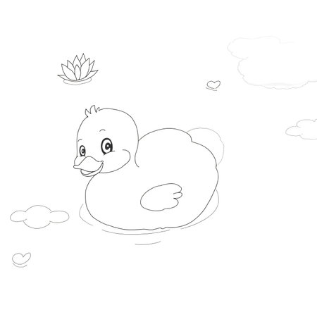 Cute cartoon duck swimming in the lake. Vector illustration for coloring book.の素材