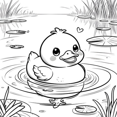 Black and white vector illustration of a cute duckling swimming in a pond.の素材