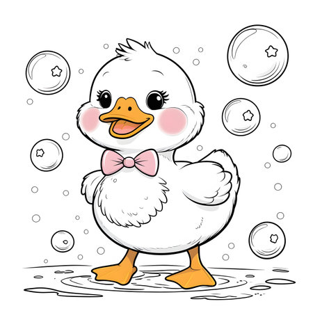 Cute cartoon duckling with bubbles on white background. Vector illustration.の素材