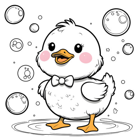 Cute cartoon duckling with bubbles on white background. Vector illustration.の素材