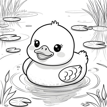 Cute cartoon duckling on a pond. Vector illustration for coloring book.の素材