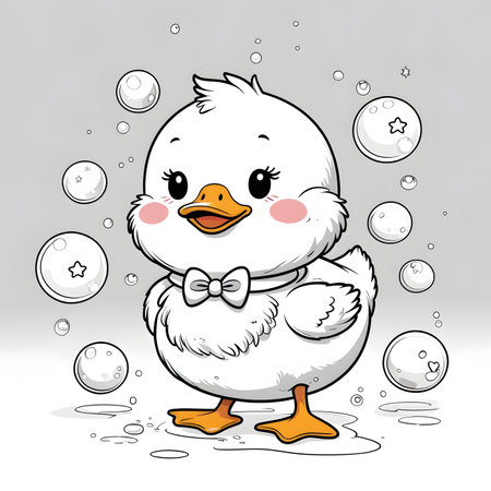 Cute cartoon duckling with bubbles on gray background. Vector illustration.の素材