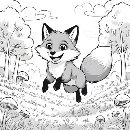 Cute cartoon fox in the forest. Black and white vector illustration.の素材