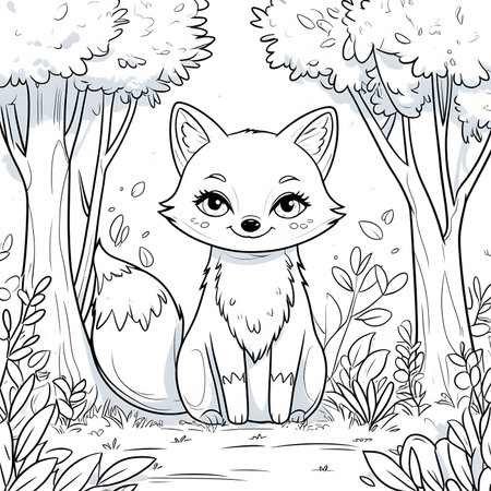 Cute fox in the forest. Vector illustration for coloring book.の素材