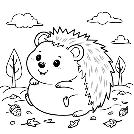 Black and White Cartoon Illustration of Cute Hedgehog Animal Character for Coloring Bookの素材