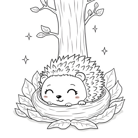 Cute hedgehog in the nest. Hand drawn vector illustration.の素材