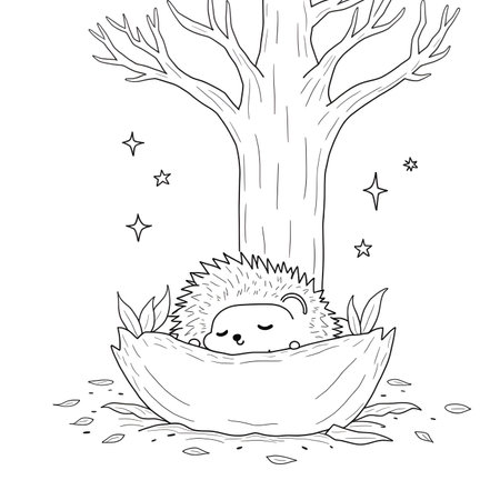 Cute hedgehog in a nest. Vector illustration for coloring book.の素材