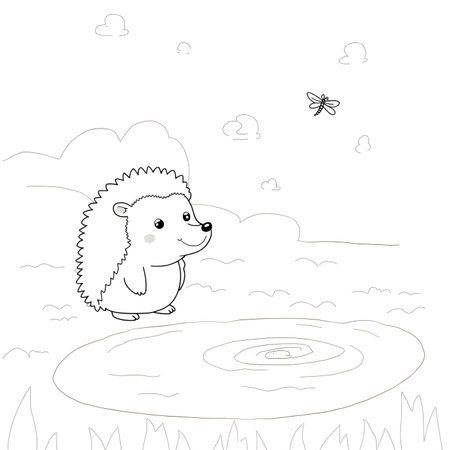 Cute cartoon hedgehog standing on a rock with a dragonfly.の素材