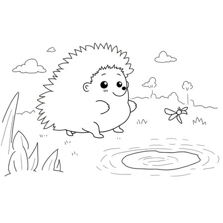 Funny hedgehog in the park. Vector illustration for coloring bookの素材