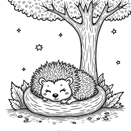 Hedgehog in the nest. Black and white vector illustration for coloring book.の素材