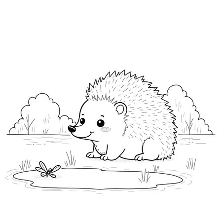 cute little hedgehog cartoon vector illustration graphic design in black and whiteの素材