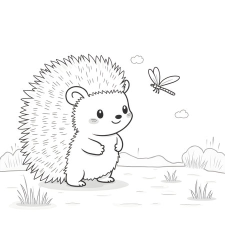 Cute little hedgehog with a dragonfly. Vector illustration.の素材