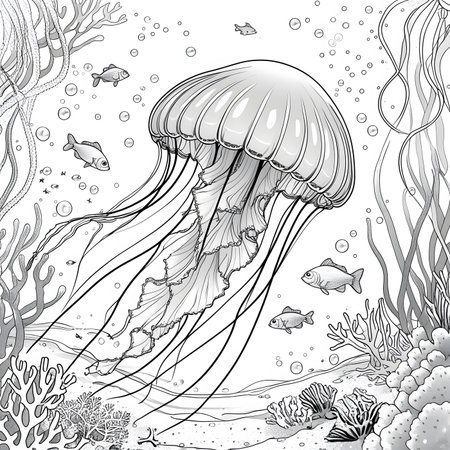 Jellyfish in the ocean. Underwater world. Coloring book antistress for children and adults.の素材