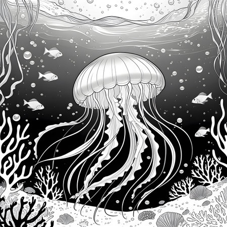 Jellyfish in the ocean. Black and white vector illustration.の素材