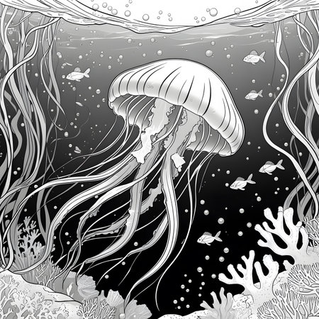Jellyfish in the sea. Black and white vector illustration.の素材