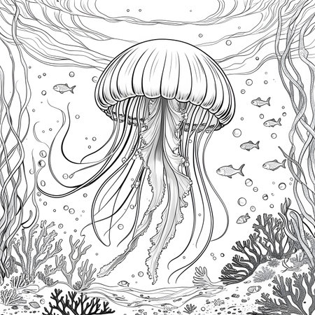 Jellyfish. Underwater world. Coloring book antistress for children and adults. Vector illustration.の素材