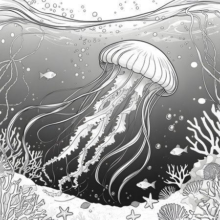Jellyfish and corals. Underwater world. Vector illustration.の素材