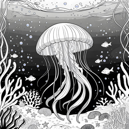 Jellyfish in the ocean. Black and white vector illustration.の素材