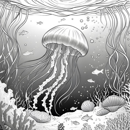 Jellyfish and corals. Underwater world. Vector illustration.の素材