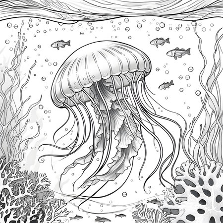 Jellyfish in the ocean. Underwater world. Coloring book antistress for children and adults.の素材