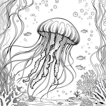 Jellyfish in the ocean. Black and white vector illustration.の素材