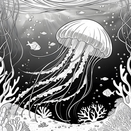 Jellyfish and corals in the ocean. Vector illustration.の素材