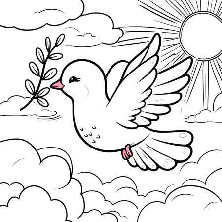 Dove flying in the sky with a branch of a tree.の素材