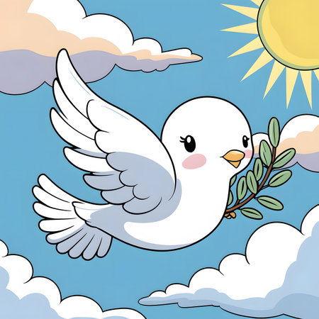 Cute cartoon white dove with olive branch on blue sky background.の素材
