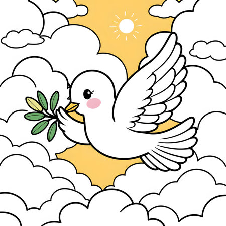 Dove with olive branch in the sky. Vector cartoon illustration.の素材