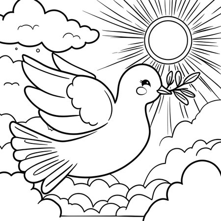 Dove with olive branch and sun. Vector illustration for coloring book.の素材