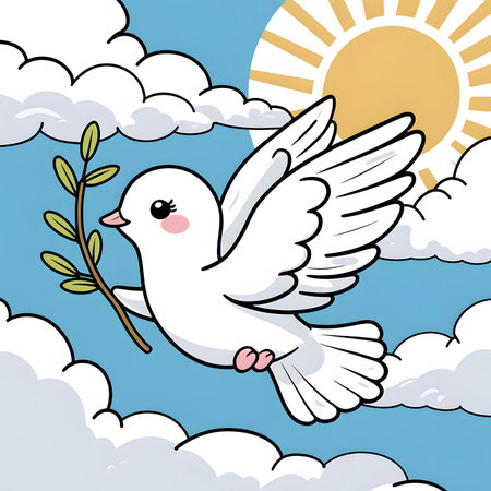 Illustration of a Cute White Dove Flying in the Sky with a Willow Branchの素材