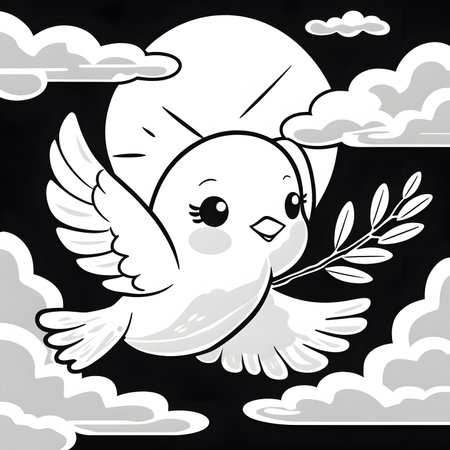 Vector illustration of a cute white bird with olive branch in the cloudsの素材
