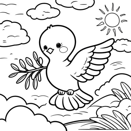 Black and White Cartoon Illustration of Cute Bird Flying on the Cloudy Sky Coloring Bookの素材